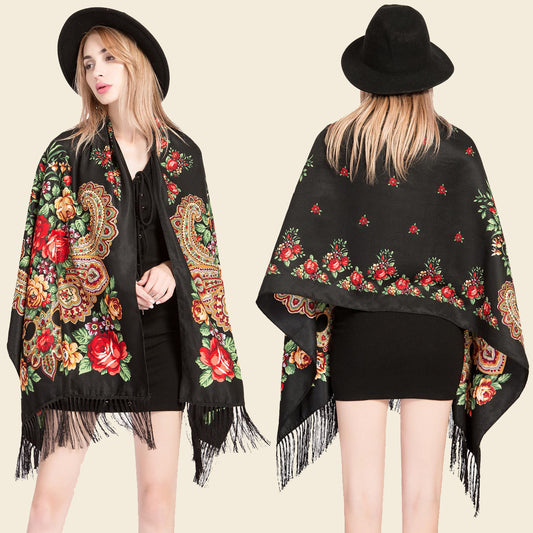 Floral Print Fringe Shawl